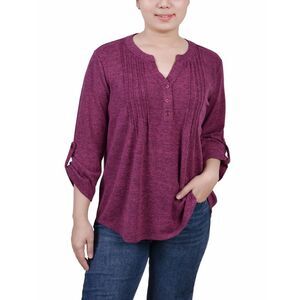 NY Collection Petite 3/4 Roll Tab Sleeve Y Neck Top